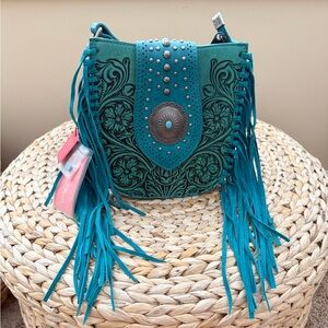Montana West boho western turquoise blue tooled leather studded fringe crossbody